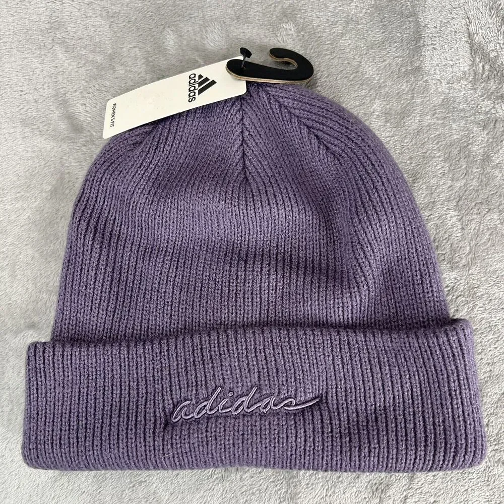 Adidas Women's Beanie Script Cuff‎ Fold Violet Purple Hat Cap Cursive Logo NWT